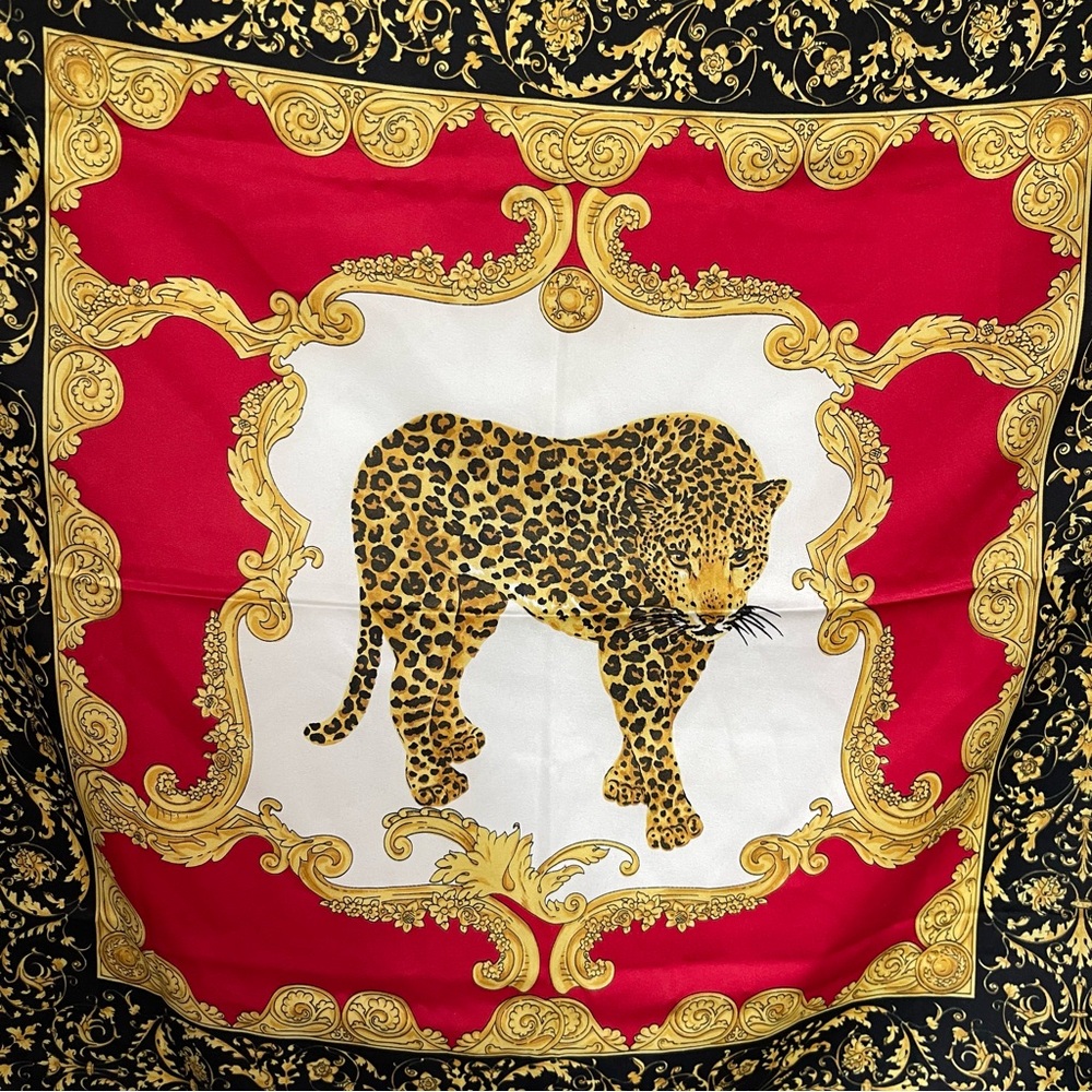 Vintage Made in Italy Leopard‎ Print Scarf | Red Black Gold Baroque Square - Picture 4 of 7
